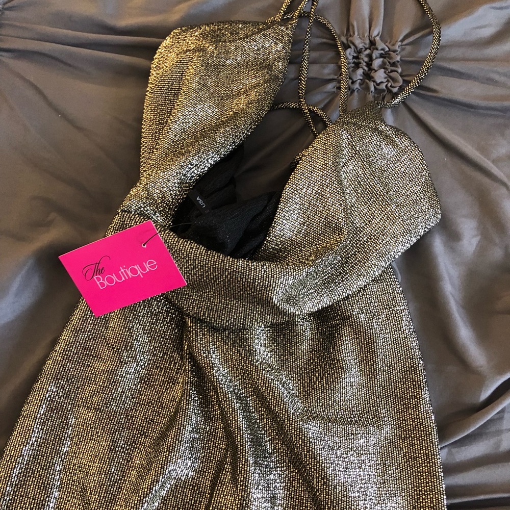 Green glittery cowl neck open back dress